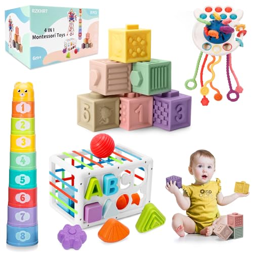 Giochi Montessori 6+ Mesi, 6 in 1 Gioco Neonati Bambini, Forme Sensoriali, Ordinazione e Impilazione, Impilazione Blocchi, Sonagli