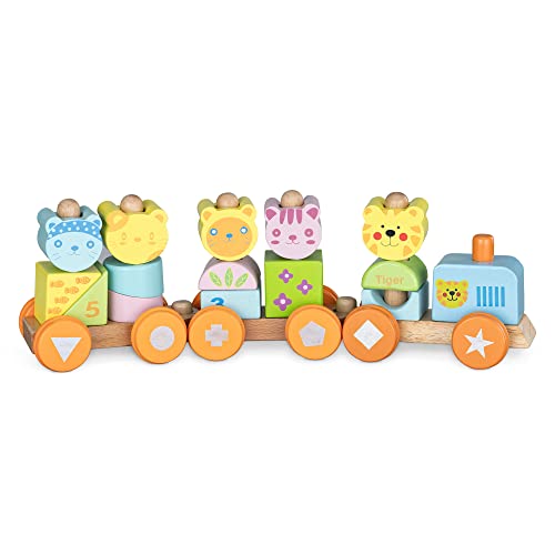 Navaris Trenino in Legno Trainabile – Locomotiva e Vagoni a Ruote  Trainabili – Treno Giocattolo – Decorazione Cameretta Bambini +3 Anni –  Multicolore – Giochi e Prodotti per l'Età Evolutiva