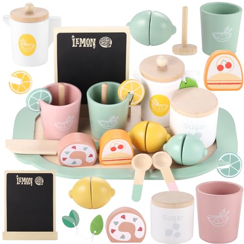 GAGAKU Set da tè in legno per bambine 19 PCS Giocattoli in legno Tea Party  Set Toddler Lemon Tea Set Accessori da cucina per bambini per il gioco di  finzione – Giochi